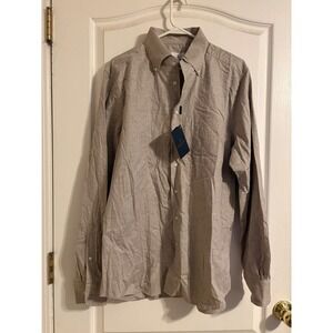Emanuel Berg Shirt Mens L/XL Taupe New Herringbone Modern Fit Button Down 17
